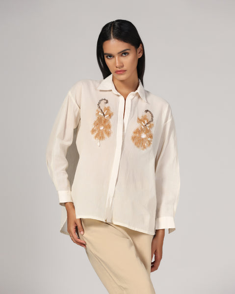 Women'S White Embellished Embroidery Shirt
