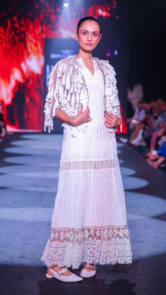 Velour Thread Cotton Maxi Dress & Tasseled Net Gilet Ensemble