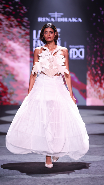 Artisanal Carved Wood Bustier & Dhoti Cowl Cotton Crepe Skirt Set