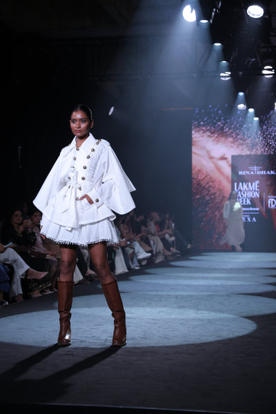 Seersucker Double-Breasted Jacket & Pompom Edge Mini Skirt Set