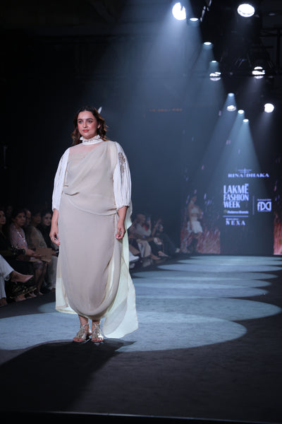 Plisse Cowl Hem Designer Dress with Crinkle Sleeve & Appliqué Embroidery