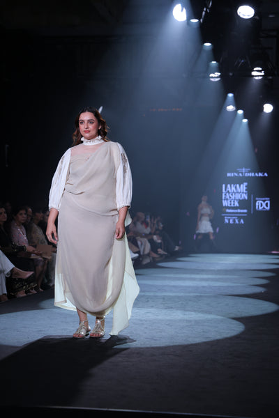 Plisse Cowl Hem Designer Dress with Crinkle Sleeve & Appliqué Embroidery