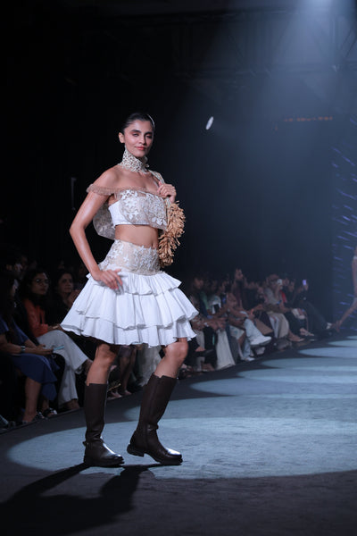 Artisan Taj Motif Embroidered Crop Top & Tiered Mini Skirt Set