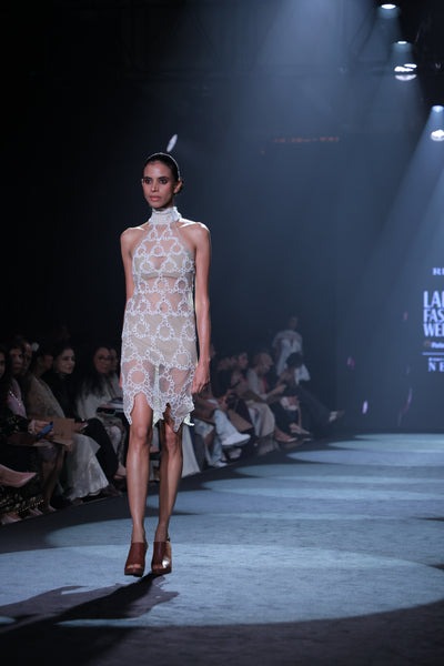 Sheer Halter Dress with All-Over Taj Jaali Design Embroidery