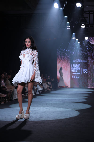 Cotton Crepe Strapless Baby Doll Mini Dress with 3D Floral Appliqué