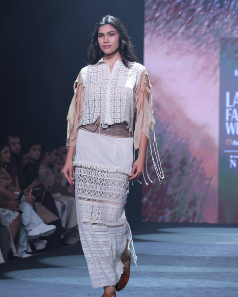 Cotton Lace Crochet Patchwork Maxi Skirt & Cutwork Blouse Set