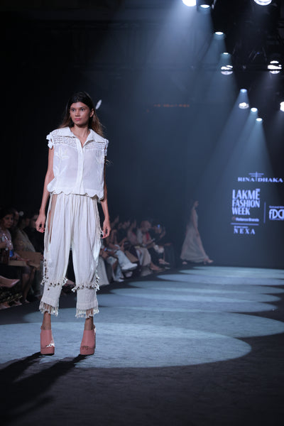 Taj Bootie Embroidered Cotton Blouse & Crinkled Dori-Tuck Pants Set