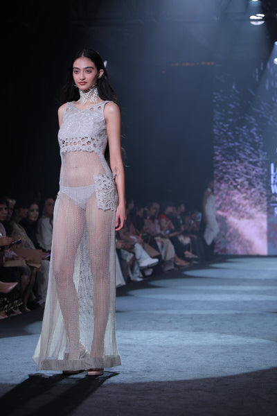 Cutwork Yoke Crochet Net Maxi Sheer Statement Dress