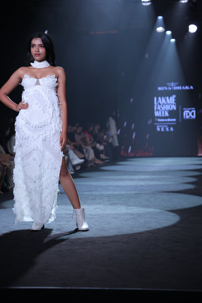 Handloom Cotton Woven Fringe Maxi Dress with Leaf Lace Bralette