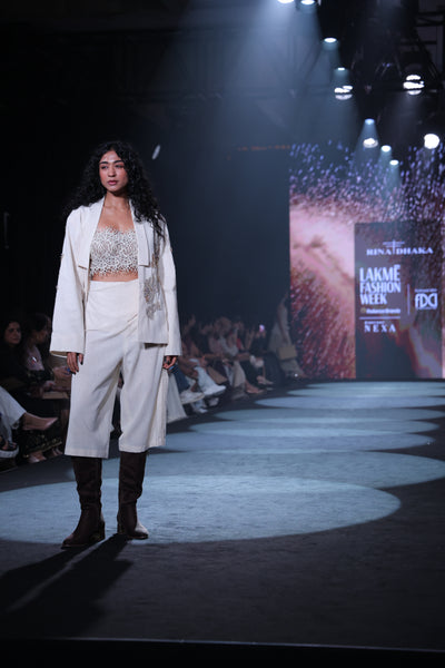 Artisanal Hand-Embroidered Open Kimono Jacket & Cream Handloom Trousers Set