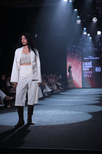 Artisanal Hand-Embroidered Open Kimono Jacket & Cream Handloom Trousers Set