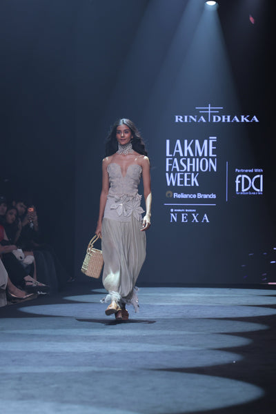 Artisan Corded Bustier & Plissé Maxi Skirt Set with Hand-Embroidered Sequins