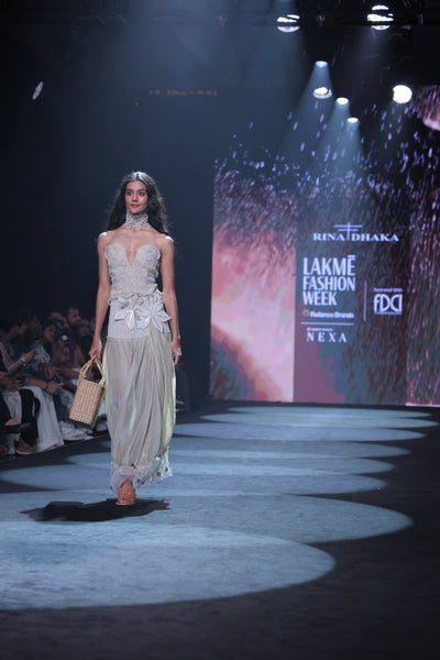 Artisan Corded Bustier & Plissé Maxi Skirt Set with Hand-Embroidered Sequins