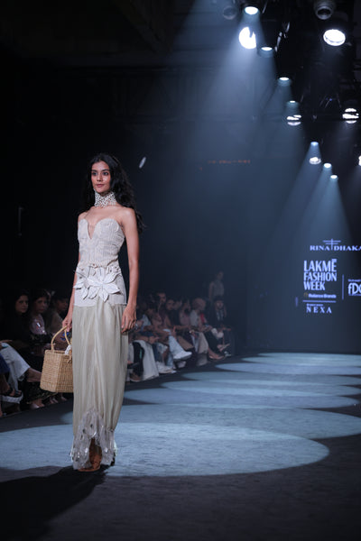 Artisan Corded Bustier & Plissé Maxi Skirt Set with Hand-Embroidered Sequins