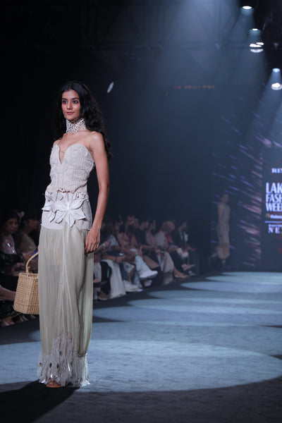 Artisan Corded Bustier & Plissé Maxi Skirt Set with Hand-Embroidered Sequins