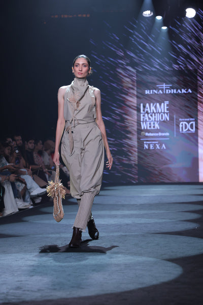 Khaki Poplin Jodhpur-Style Pants & Embroidered Cowl Blouse Set