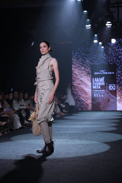 Khaki Poplin Jodhpur-Style Pants & Embroidered Cowl Blouse Set