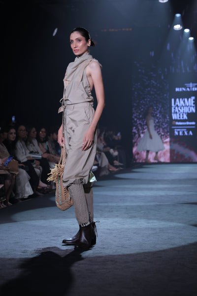 Khaki Poplin Jodhpur-Style Pants & Embroidered Cowl Blouse Set