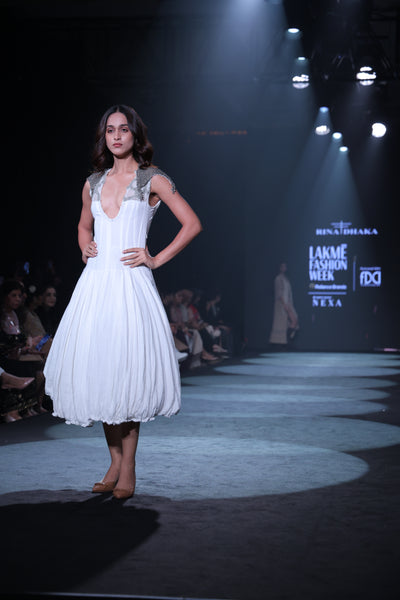 Hand-Embroidered Cotton Crepe Maxi Dress with Silver Fine Beadwork