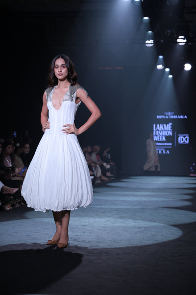 Hand-Embroidered Cotton Crepe Maxi Dress with Silver Fine Beadwork