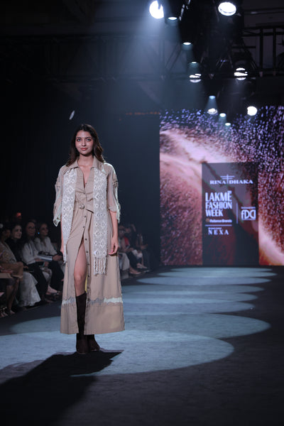 Khaki Poplin Shirt Dress with Sheer Appliqué and 3D Taj Bootie Embroidery