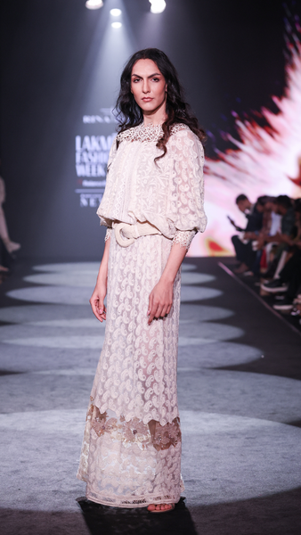 Lace Net Maxi Dress with Cotton Thread Embroidery