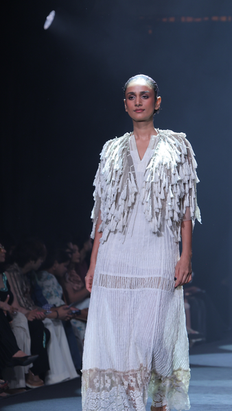 Velour Thread Cotton Maxi Dress & Tasseled Net Gilet Ensemble