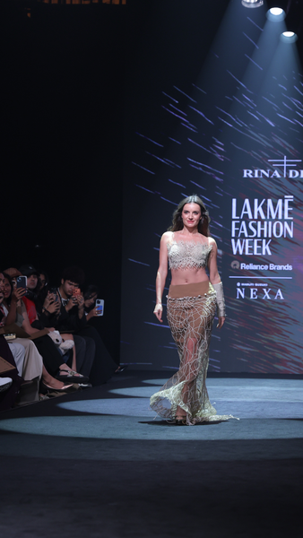 Lattice Cotton Jaali Bra Top & Tulle Cord Appliqué Maxi Skirt Set