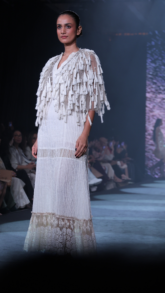 Velour Thread Cotton Maxi Dress & Tasseled Net Gilet Ensemble