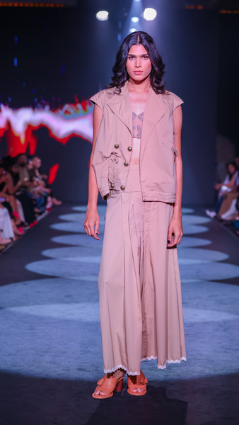 Cotton Poplin Asymmetrical Gilet & Pleated Yoke Maxi Skirt Set