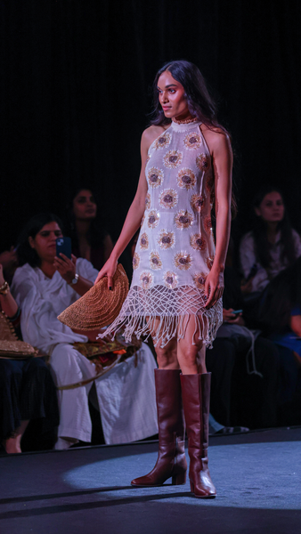 Cotton Woven Lace Mini Dress with All-Over Handwork and Dori Jaal Hem