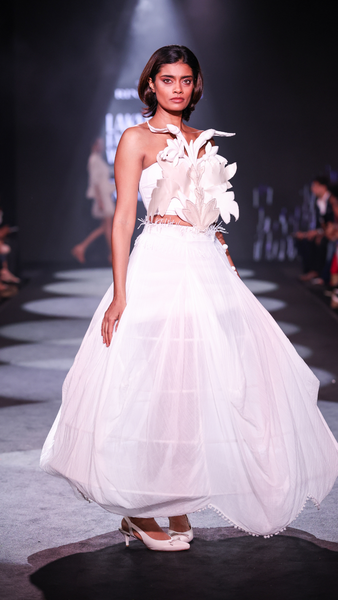 Artisanal Carved Wood Bustier & Dhoti Cowl Cotton Crepe Skirt Set