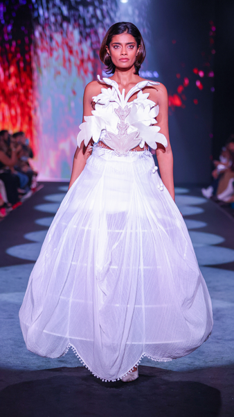 Artisanal Carved Wood Bustier & Dhoti Cowl Cotton Crepe Skirt Set