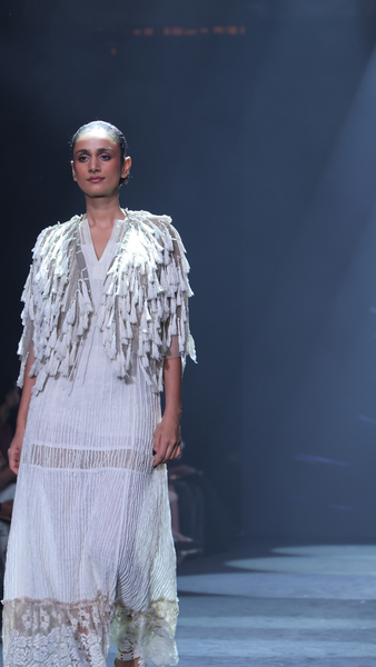 Velour Thread Cotton Maxi Dress & Tasseled Net Gilet Ensemble