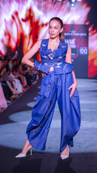 Artisanal Denim Balloon Pants, Bralette & Cutwork Waistcoat Set