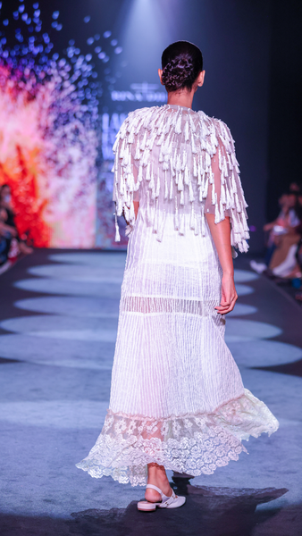 Velour Thread Cotton Maxi Dress & Tasseled Net Gilet Ensemble