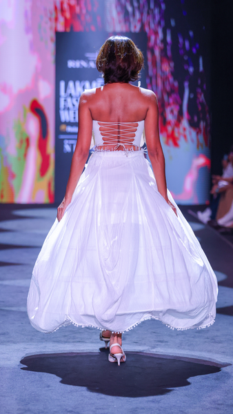 Artisanal Carved Wood Bustier & Dhoti Cowl Cotton Crepe Skirt Set