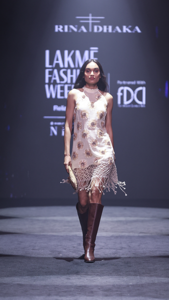 Cotton Woven Lace Mini Dress with All-Over Handwork and Dori Jaal Hem