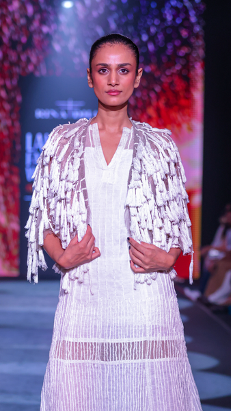 Velour Thread Cotton Maxi Dress & Tasseled Net Gilet Ensemble