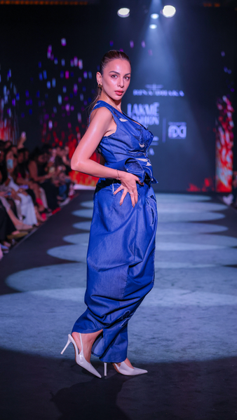 Artisanal Denim Balloon Pants, Bralette & Cutwork Waistcoat Set