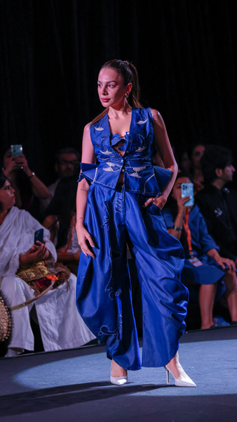 Artisanal Denim Balloon Pants, Bralette & Cutwork Waistcoat Set