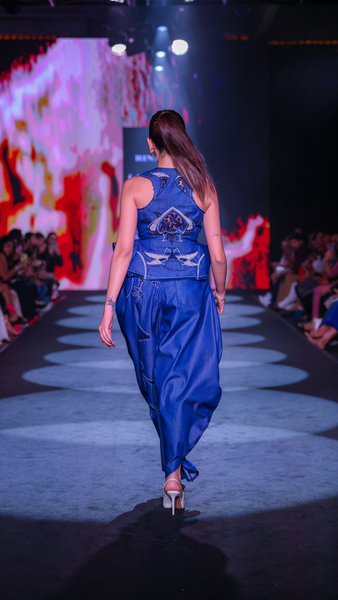 Artisanal Denim Balloon Pants, Bralette & Cutwork Waistcoat Set