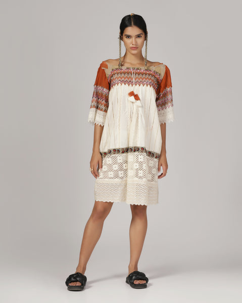 Women'S White Self Design Knee Length Dress