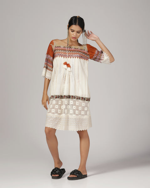 Women'S White Self Design Knee Length Dress