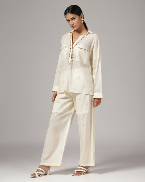 Women'S Cream Embellished Co-Ord (Set of 2)