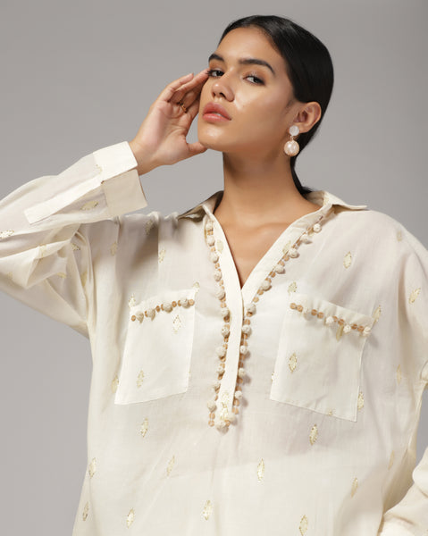 Women'S Cream Embellished Co-Ord (Set of 2)