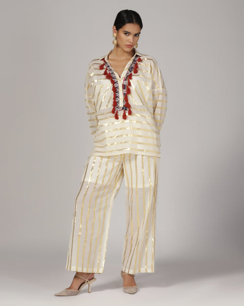 Women'S Cream Stripes Tassel Co-Ord (Set of 2)