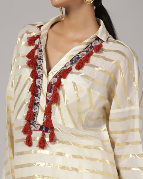 Women'S Cream Stripes Tassel Co-Ord (Set of 2)