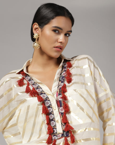 Women'S Cream Stripes Tassel Co-Ord (Set of 2)