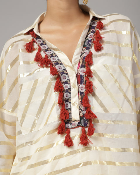 Women'S Cream Stripes Tassel Co-Ord (Set of 2)